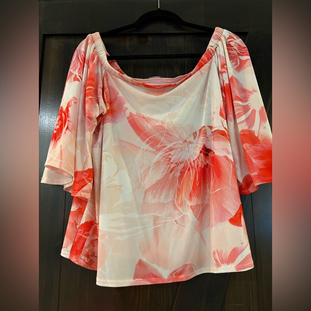 Roma Coral and White Floral Off the Shoulder Blouse